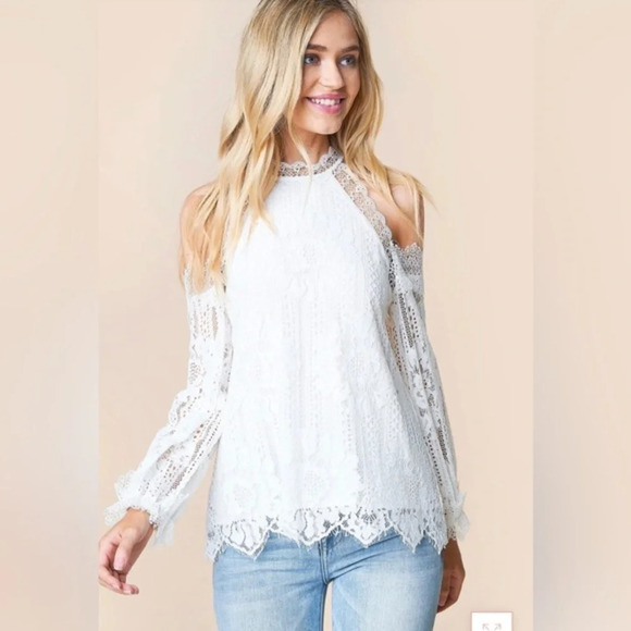 Sugar Lips Sugarlips Womens LACE HIGH Neck Open Shoulders TOP Blouse White Sz S - Picture 1 of 10